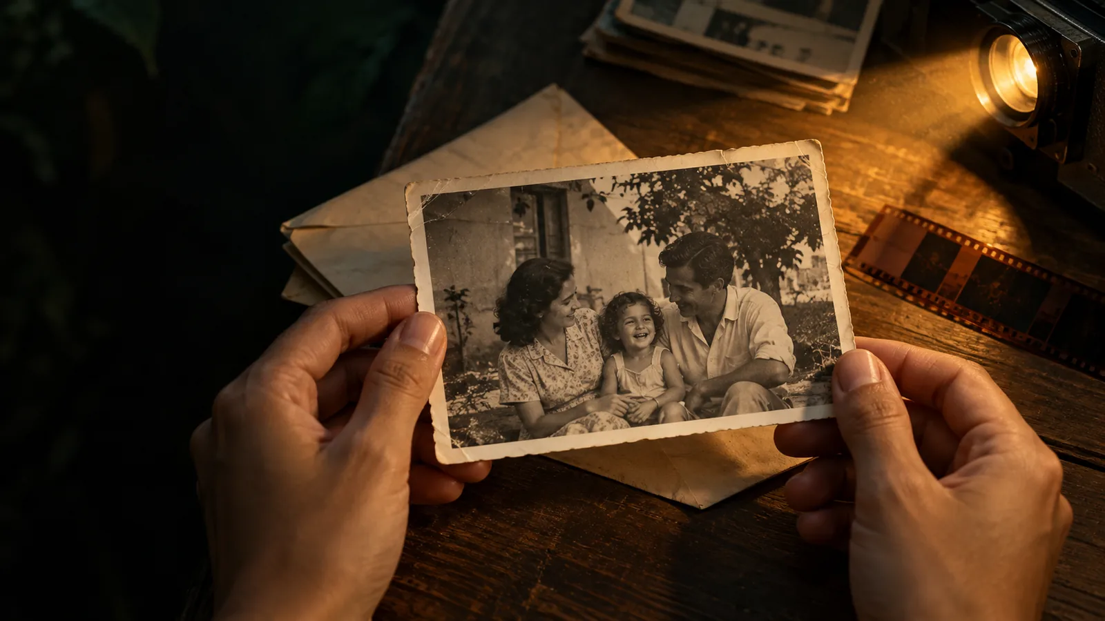 Mãos seguram uma fotografia de família impressa, iluminada por luz quente sobre uma mesa
