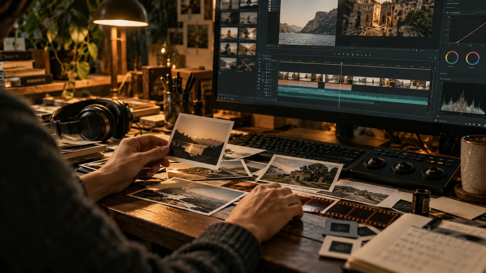 Mãos de uma pessoa editora selecionam fotografias junto de uma linha do tempo de vídeo